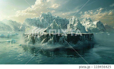 A island surrounded by icy waters, showcasing the juxtaposition of intense and glacial coolness 119456425