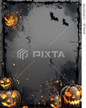 Gray Halloween background with pumpkin and bats . Abstract grunge wallpaper for design holiday party Gray Halloween background with pumpkin and bats . Abstract grunge wallpaper for design holiday party 119456706