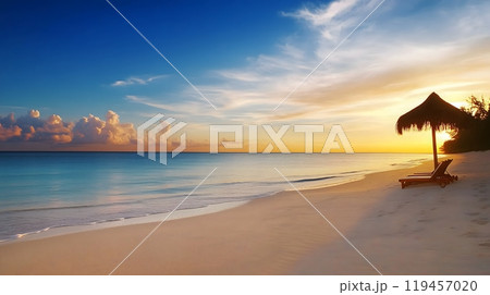 Serene Beach Sunset with Lounge Chairs and Straw Umbrella by the Ocean_4 119457020