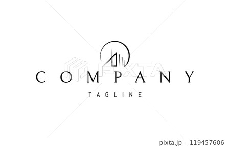 Vector logo with an abstract image of a modern cottage against the backdrop of a sunset. 119457606