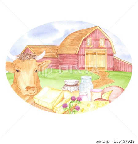 Hand drawn watercolor ranch barn landscape with a cow and dairy products isolated on white background. Can be used for postcard, label, scrapbook and other printed products. 119457928