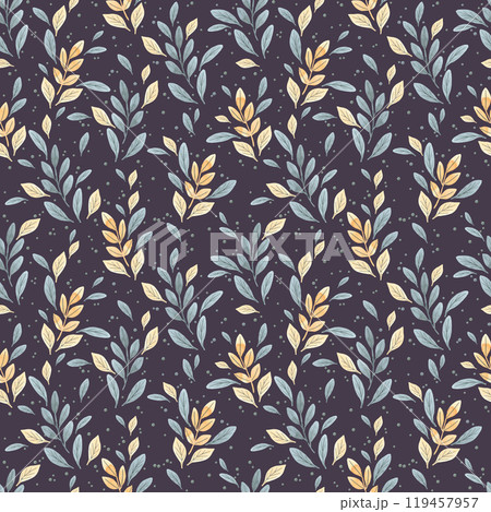 Hand drawn watercolor yellow and blue leaves seamless pattern isolated on dark background. Can be used for textile, fabric, scrapbook and other printed products. 119457957