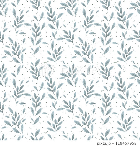 Hand drawn watercolor blue leaves and dots seamless pattern isolated on white background. Can be used for textile, fabric, scrapbook and other printed products. 119457958