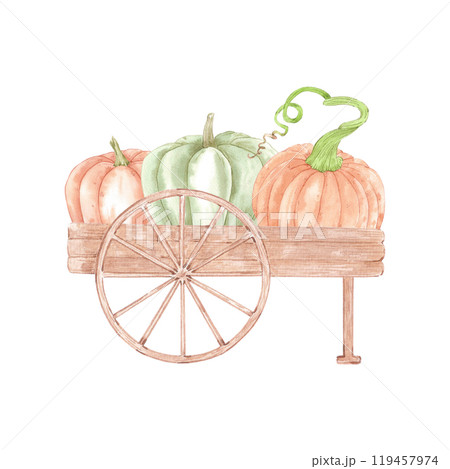 Hand drawn watercolor ripe pumpkins in the wooden cart isolated on white background. Rural illustration Can be used for postcard, label, scrapbook and other printed products. 119457974