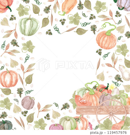 Hand drawn watercolor ripe pumpkins in the wooden cart and leaves frame border isolated on white background. Rural illustration Can be used for postcard, label, scrapbook and other printed products. 119457976