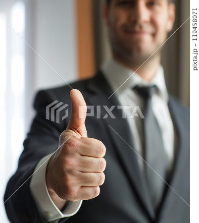 Young businessman in suit shows thumb up gesture in modern office, concept of business success, making profitable deals 119458071