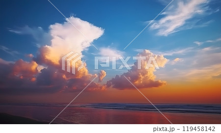 Colorful Sunset Clouds Over Calm Ocean Shoreline_7 119458142