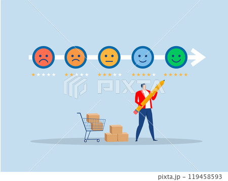 Customer feedback,businessman make rating gauge to be excellent to Performance rating or customer feedback, credit score or satisfaction measurement, quality control or improvement concept, 119458593