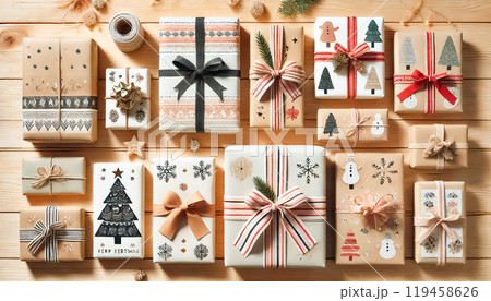 Top-down view of several Christmas presents of different sizes on a wooden table, wrapped in homemade, hand-painted paper with bows and straps. The minimalist and festive designs offer an elegant 119458626
