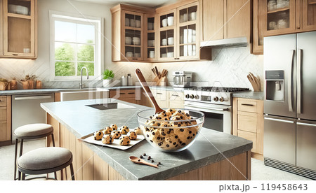 Sleek and contemporary kitchen with chocolate chip cookie dough on the island, ready for baking. The kitchen features modern cabinets, stainless steel appliances, and a glass bowl filled with dough. Sleek and contemporary kitchen with chocolate chip cookie dough on the island, ready for baking. The kitchen features modern cabinets, stainless steel appliances, and a glass bowl filled with dough. 119458643