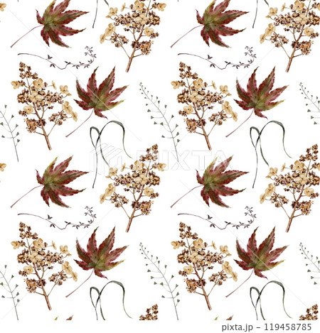 Autumn yellow, red and green leaves branch, dried flowers and grass seamless pattern on white. Fall watercolor illustration for Thanksgiving, Harvest Festival, Halloween party decoration. 119458785