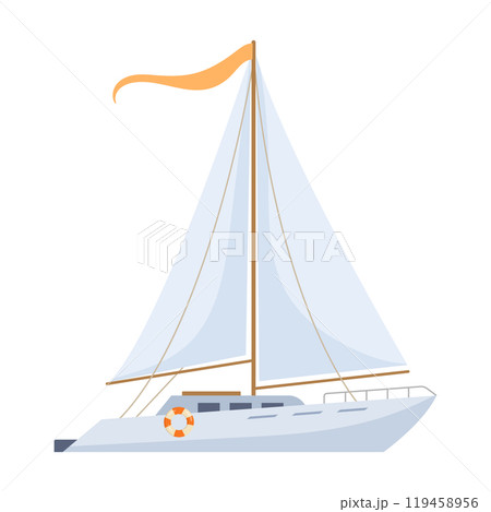 Cartoon sailing yacht. Marine sea ship, water marine transport flat vector illustration. Nautical travel boat on white 119458956
