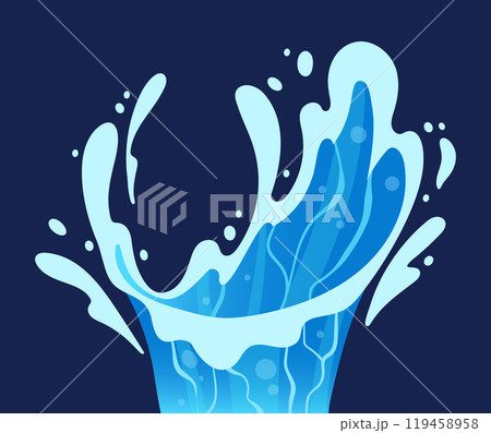 Cartoon water splash. Blue liquid water flow, transparent aqua splash flat vector illustration. Water splash element 119458958