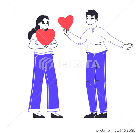 People sharing hearts. Romantic characters in love giving hearts to each other, Valentine's day love sharing flat vector illustration. Couple exchanging hearts 119458989