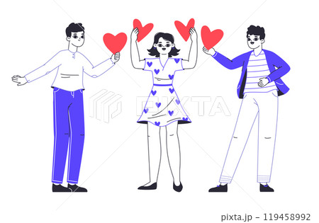 Romantic people in love. Cheerful characters sharing and giving hearts, love sharing, valentines day love letters flat vector illustration set. Men and women giving hearts 119458992