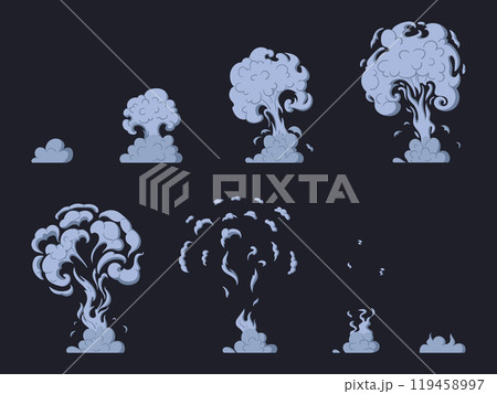 Smoke explosion animation. Dust clouds sprite elements, smoke silhouette animation flat vector illustration set. Cartoon explosion dust clouds action Smoke explosion animation. Dust clouds sprite elements, smoke silhouette animation flat vector illustration set. Cartoon explosion dust clouds action 119458997