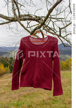 Red knitted sweater hanging on bare tree branch against Carpathian mountains landscape. Knitted blouse on hanger on the wind. Creative warm clothing. Fashion industry. Knitwear on forest scenery. Red knitted sweater hanging on bare tree branch against Carpathian mountains landscape. Knitted blouse on hanger on the wind. Creative warm clothing. Fashion industry. Knitwear on forest scenery. 119459049