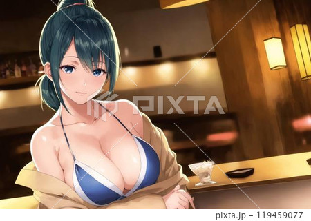 【AIイラスト】ビキニでカウンターで接客する女性 【AIイラスト】ビキニでカウンターで接客する女性 119459077