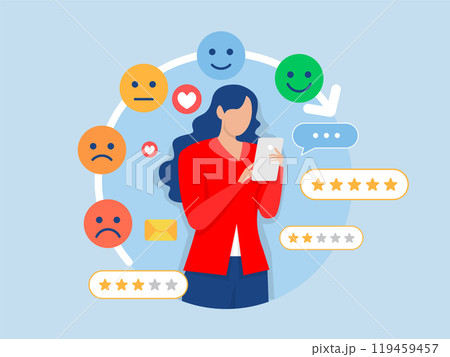 Customer feedback concept,woman use smart phone for Credit score or satisfaction measurement, customer satisfaction level emoji level. feedback star rating with good and bad emotions. 119459457