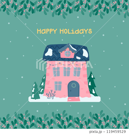 Happy holidays greeting card. Cute Christmas and winter house. Decorated house on the background of the falling snow, fir trees. Vector illustration in a flat style. 119459529