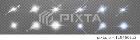 White and blue lens flares set. Sun flash with rays or spotlight and bokeh. Glow flare light effect. Vector illustration. Isolated on transparent background. White and blue lens flares set. Sun flash with rays or spotlight and bokeh. Glow flare light effect. Vector illustration. Isolated on transparent background. 119460112
