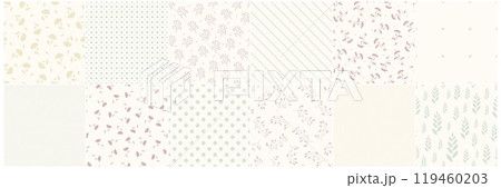 Collection of neutral seamless floral and geometric simple patterns - drawing design. Repeatable spring nature delicate backgrounds with flowers, dots and stripes. Textile endless prints Collection of neutral seamless floral and geometric simple patterns - drawing design. Repeatable spring nature delicate backgrounds with flowers, dots and stripes. Textile endless prints 119460203