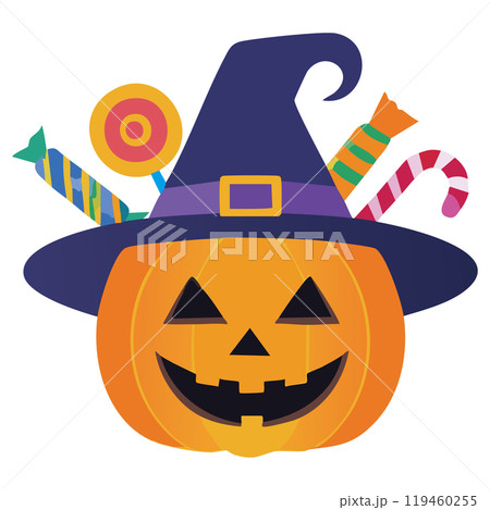 ハロウィン イラスト 魔女帽子のジャックオーランタンとキャンディケイン ハロウィン イラスト 魔女帽子のジャックオーランタンとキャンディケイン 119460255
