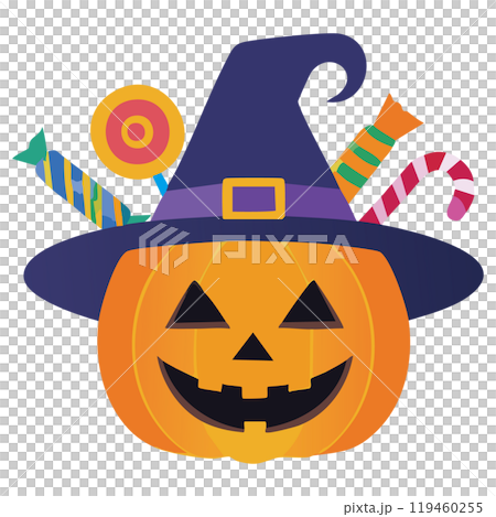 ハロウィン イラスト 魔女帽子のジャックオーランタンとキャンディケイン ハロウィン イラスト 魔女帽子のジャックオーランタンとキャンディケイン 119460255
