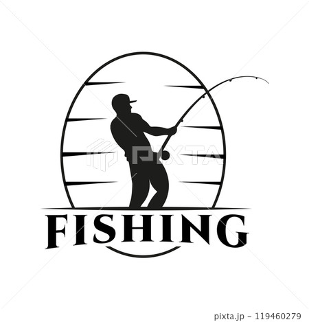 A fisherman with a fishing rod pulling a fish, . The silhouette of a fisherman with an oval background. This logo is designed for fishing events or activities. 119460279