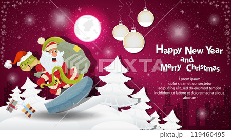 Illustration of the New Year and Christmas a snake and Santa Claus on a snowboard in a snowy clearing among the trees 119460495