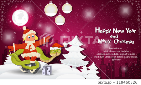 Illustration of the New Year and Christmas A snake wraps around a girl on skates in a snowy clearing among the trees 119460526
