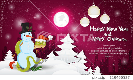 Illustration of the New Year and Christmas A snake wraps around a Snowman at night in a snowy clearing among the trees 119460527
