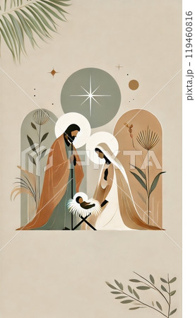 Watercolor painting representing Nativity scene in Bethlehem. Christmas scene illustration showing holy family baby Jesus in the manger Joseph and Mary. Copy space card 119460816