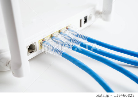 Ethernet cable with wireless router connect to internet service provider network. Ethernet cable with wireless router connect to internet service provider network. 119460825