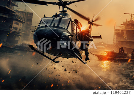 Action shot with helicopter hovering in the air. Dynamic scene in action movie blockbuster style. Generated AI. 119461227