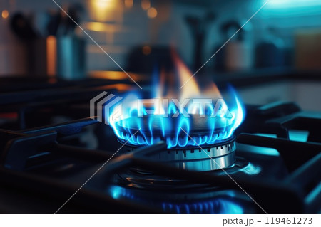 Illuminated Blue Flame on Gas Stove in Kitchen Illuminated Blue Flame on Gas Stove in Kitchen 119461273