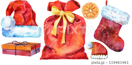 Christmas Santa red hat, bag, ball and sock for gift, watercolor illustration 119461461