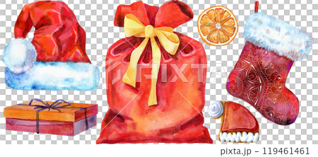 Christmas Santa red hat, bag, ball and sock for gift, watercolor illustration 119461461