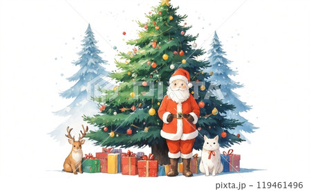 メリークリスマス│サンタクロース│トナカイと白猫│プレゼント│温かいイラスト 119461496
