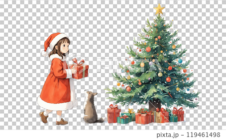 Girl in Santa costume │ Dog and present │ Cute Christmas illustration Girl in Santa costume │ Dog and present │ Cute Christmas illustration 119461498