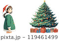 クリスマスの女の子│緑のコート│プレゼントとツリー│かわいいイラスト 119461499