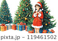メリークリスマス│赤いコートの女の子とプレゼント│クリスマスツリー│イラスト素材 119461502