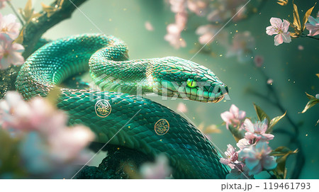 Vibrant green snake amidst delicate pink blossoms 119461793
