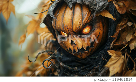 Pumpkin Horror. A menacing pumpkin creature with glowing eyes 119461814