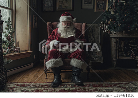 Santa Claus reads a wish list by the Tree 119461816