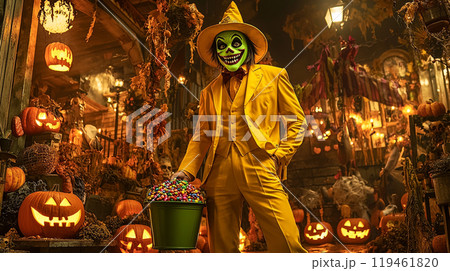 Halloween Masked Character holding candy in a festive Halloween scene. 119461820