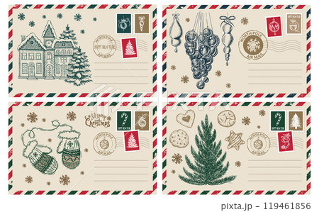 Christmas mail, postcard set, hand drawn illustration. Christmas mail, postcard set, hand drawn illustration. 119461856
