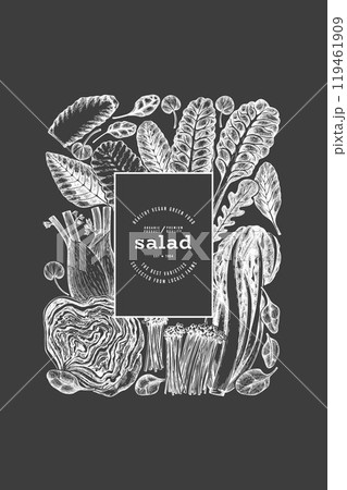 Green Vegetable Design Template. Vector Hand Drawn Healthy Leaf Salad Banner. Vintage Style Menu IllustrationOn Chalk Board. Green Vegetable Design Template. Vector Hand Drawn Healthy Leaf Salad Banner. Vintage Style Menu IllustrationOn Chalk Board. 119461909