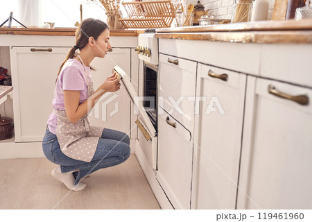 Woman baking in modern kitchen with apron, checking food in oven, home cooking Woman baking in modern kitchen with apron, checking food in oven, home cooking 119461960