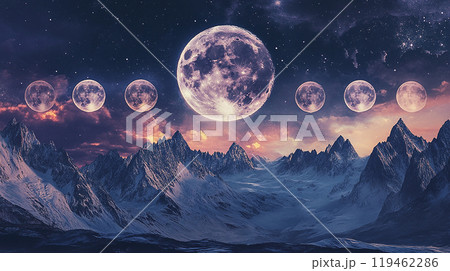 Esotericism beautiful night sky with a large moon and a series of smaller moons. The sky is filled with stars and the mountains in the background are covered in snow 119462286
